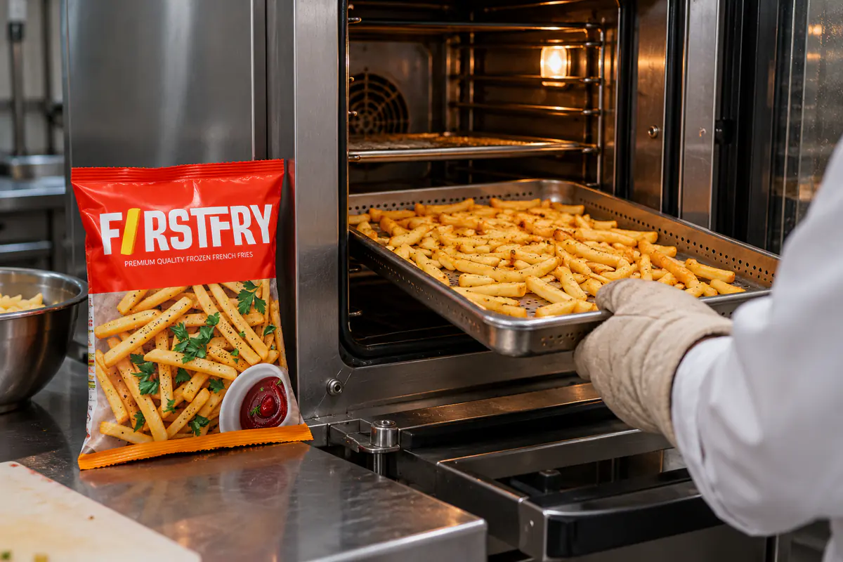 A tray of baked fries sliding out of a combi oven beside a FirstFry pack