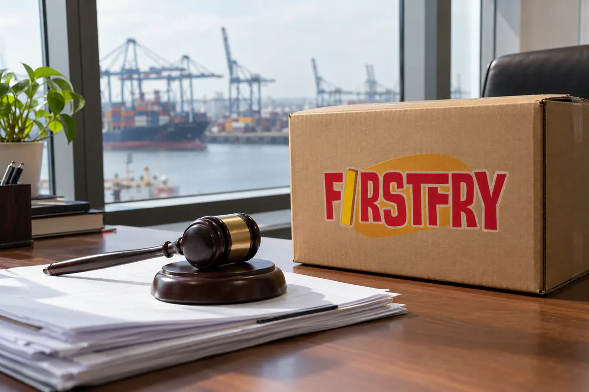 A gavel on a stack of papers beside a FirstFry carton, with a port beyond the window
