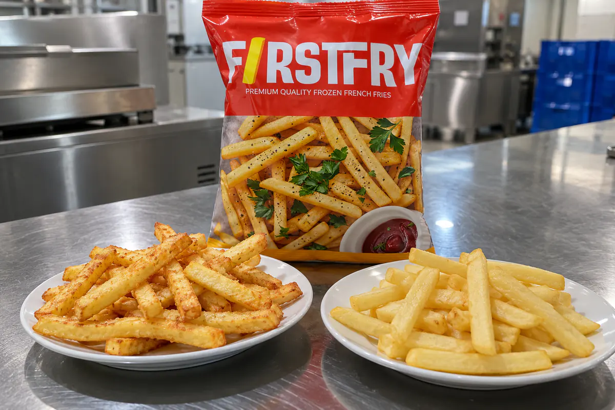 Two plates of cooked fries side by side in front of a FirstFry pack