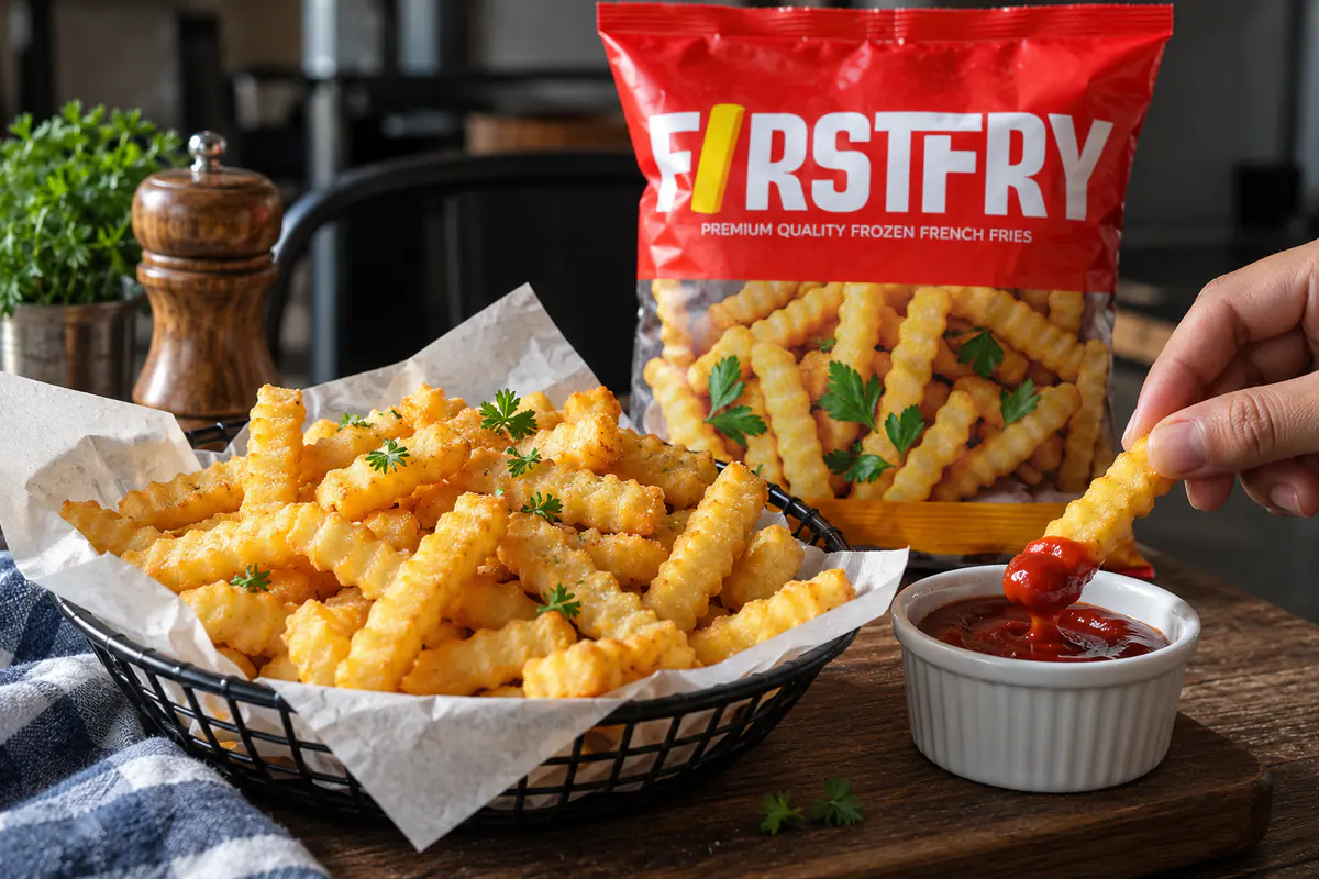 A crinkle-cut fry dipped in sauce in front of a FirstFry pack