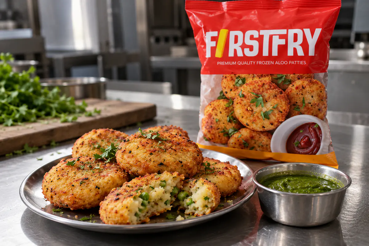 Golden potato patties with green chutney in front of a FirstFry pack