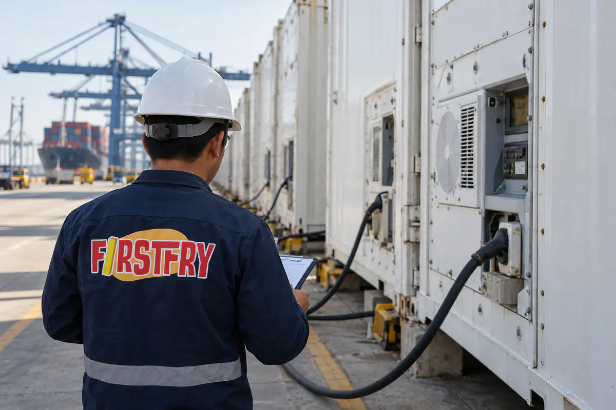 A FirstFry staff member checking a plugged-in refrigerated container at a port terminal