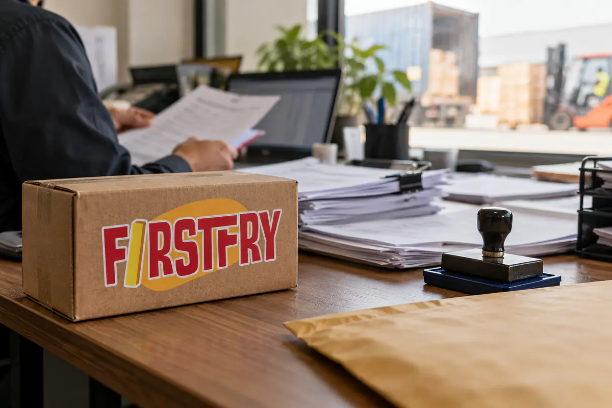 Shipping documents and a rubber stamp on a desk beside a FirstFry sample carton