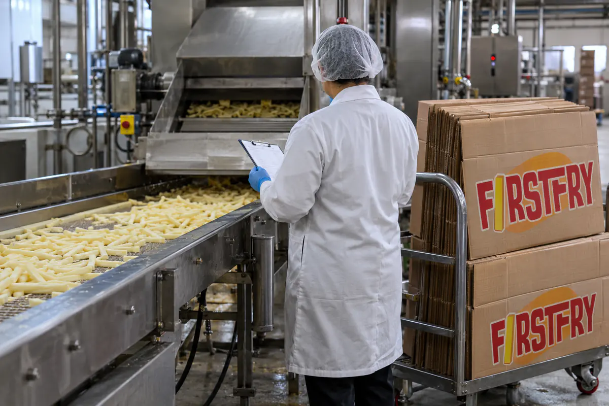 An auditor seen from behind with a clipboard beside a conveyor of potato strips and a trolley of FirstFry cartons