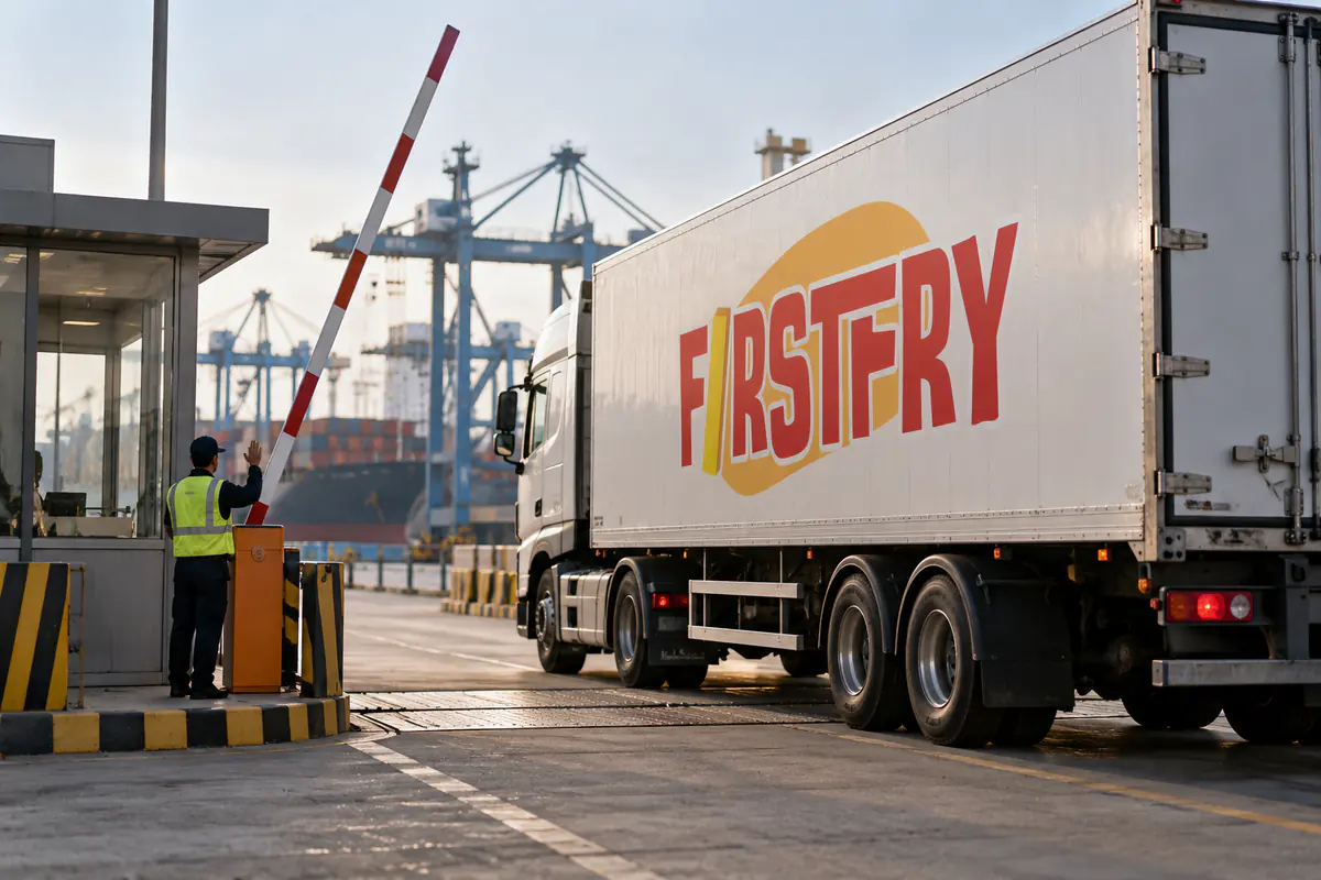 A FirstFry refrigerated truck passing a customs checkpoint barrier