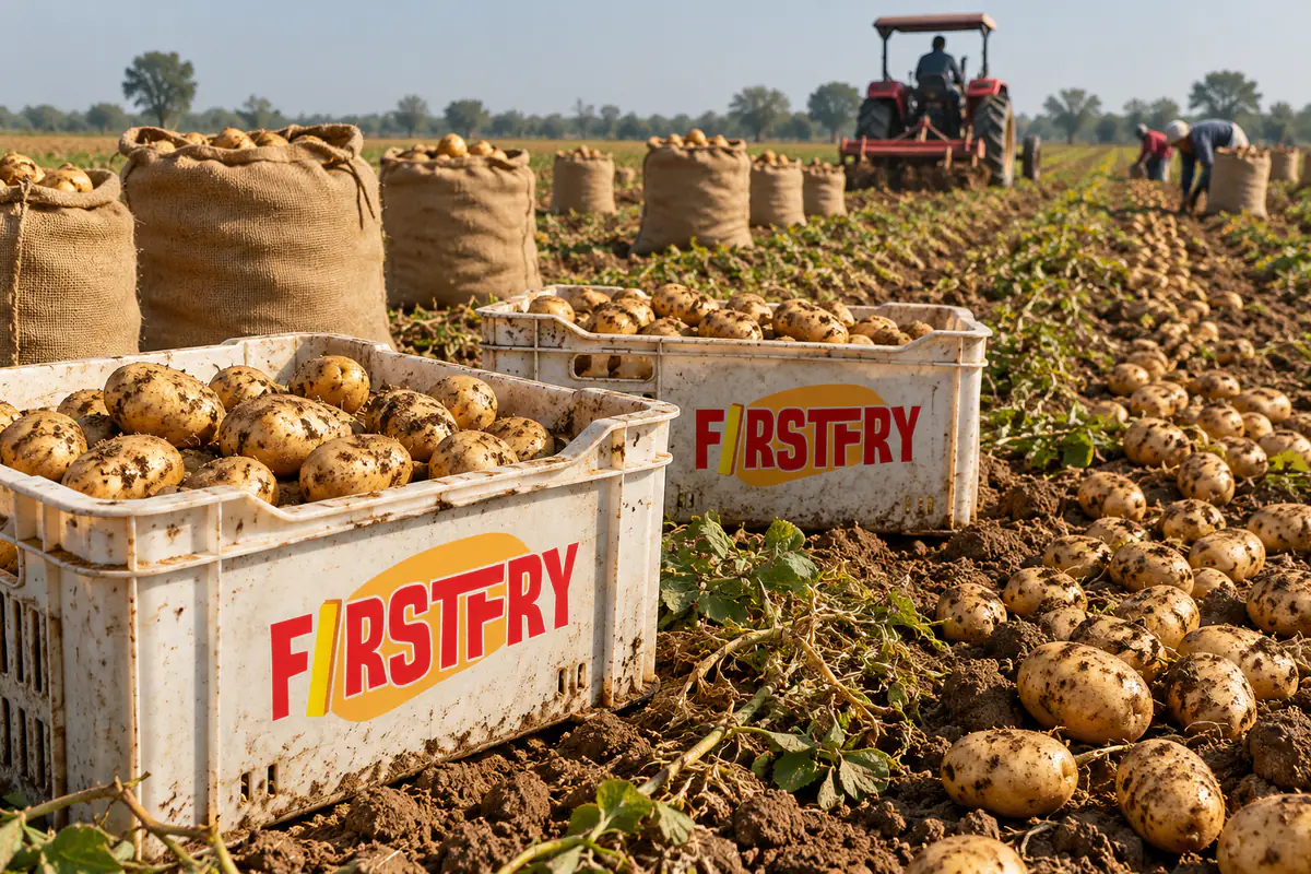 Harvest crates marked FirstFry in a potato field with jute sacks and a tractor behind