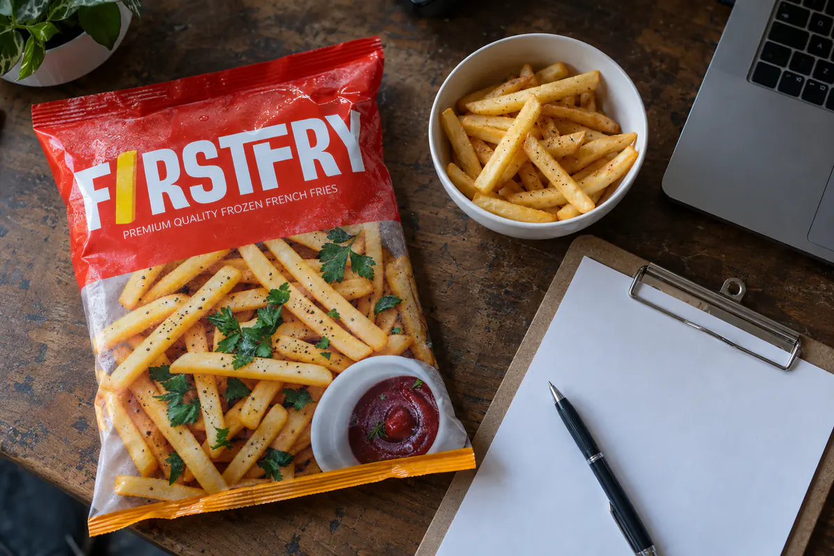 A FirstFry sample pack, a bowl of cooked fries and a checklist clipboard on a buyer's desk
