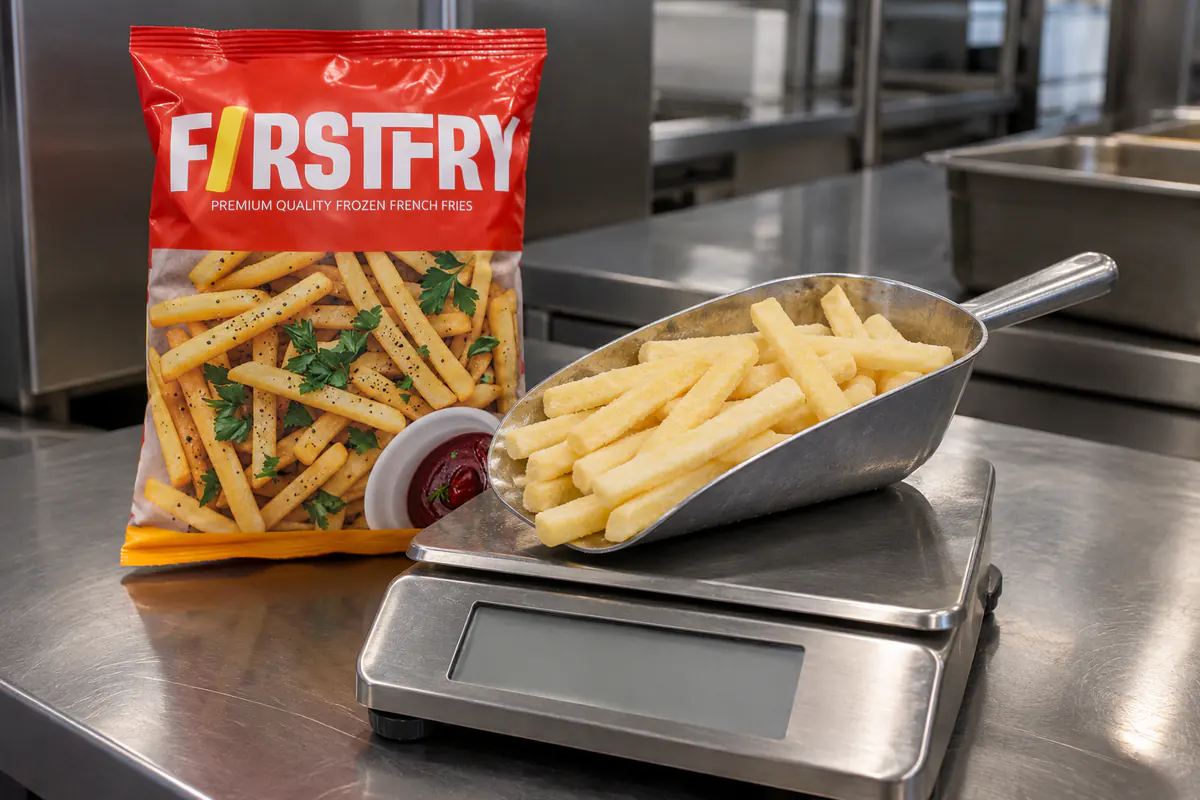 A scoop of frozen fries on a kitchen scale in front of a FirstFry pack