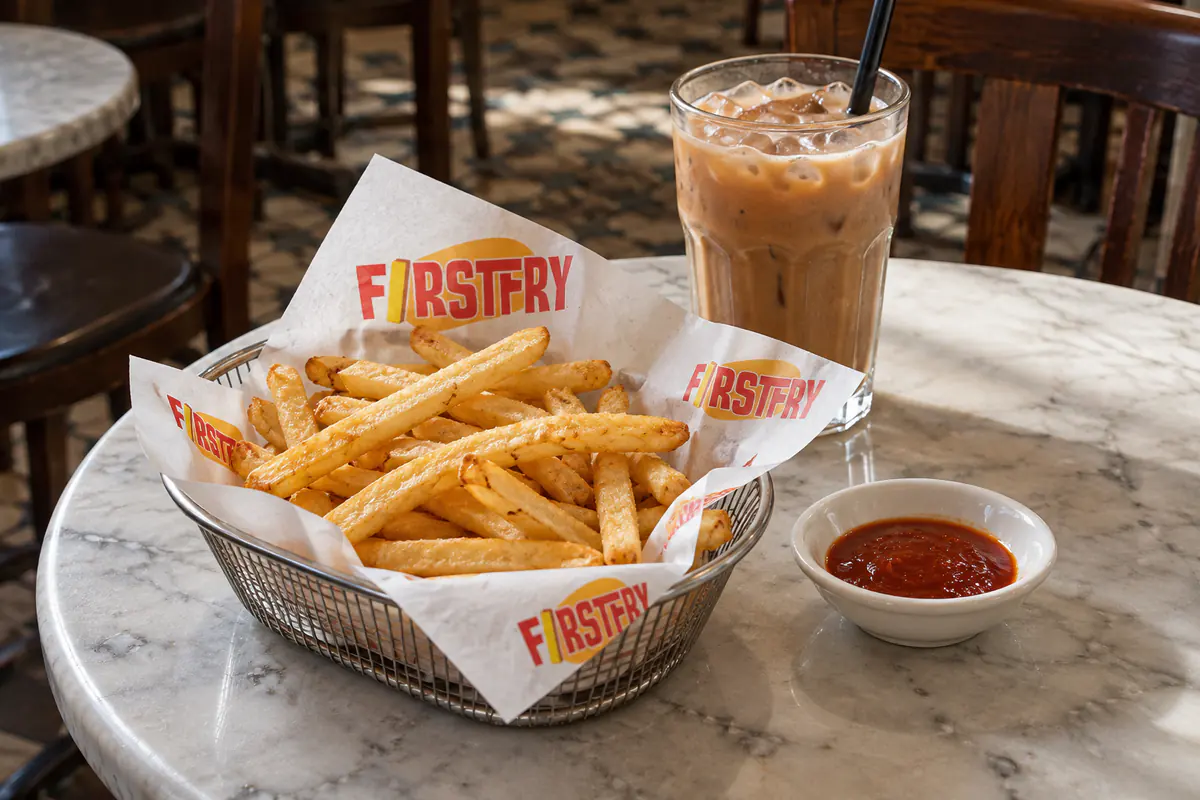 A basket of fries with chilli sauce and iced tea on a coffee shop table, on FirstFry paper