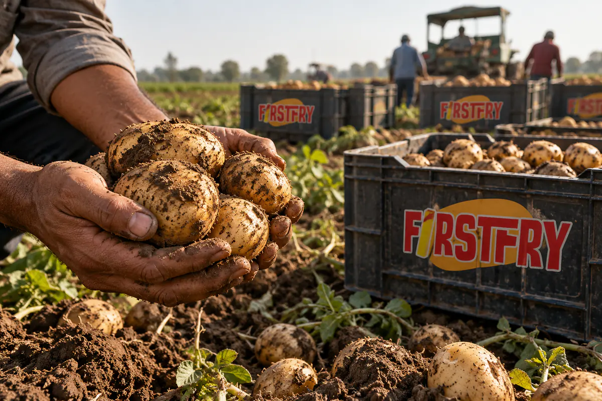 A farmer's hands holding freshly dug potatoes with FirstFry crates behind