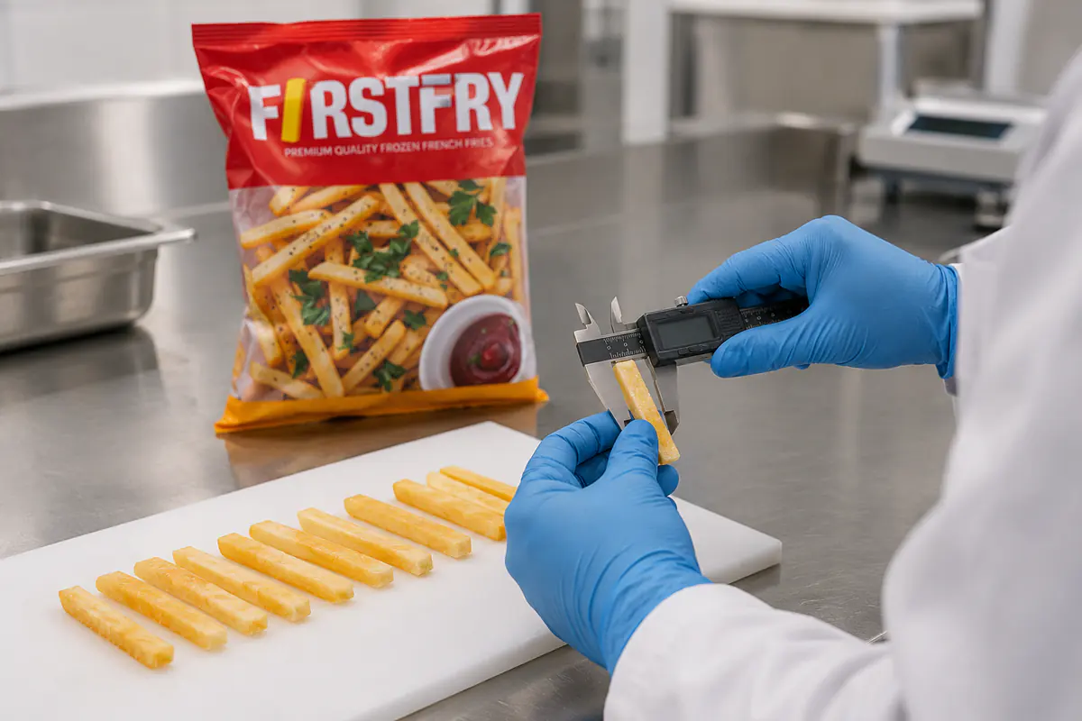 Gloved hands measuring a fry with a caliper beside a FirstFry pack