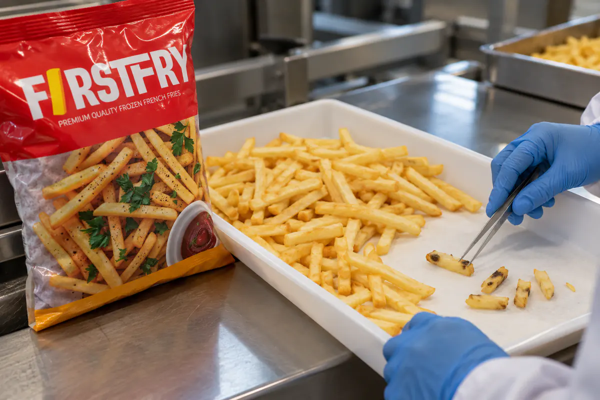 A sorting tray of fries with defects set aside, beside a FirstFry pack
