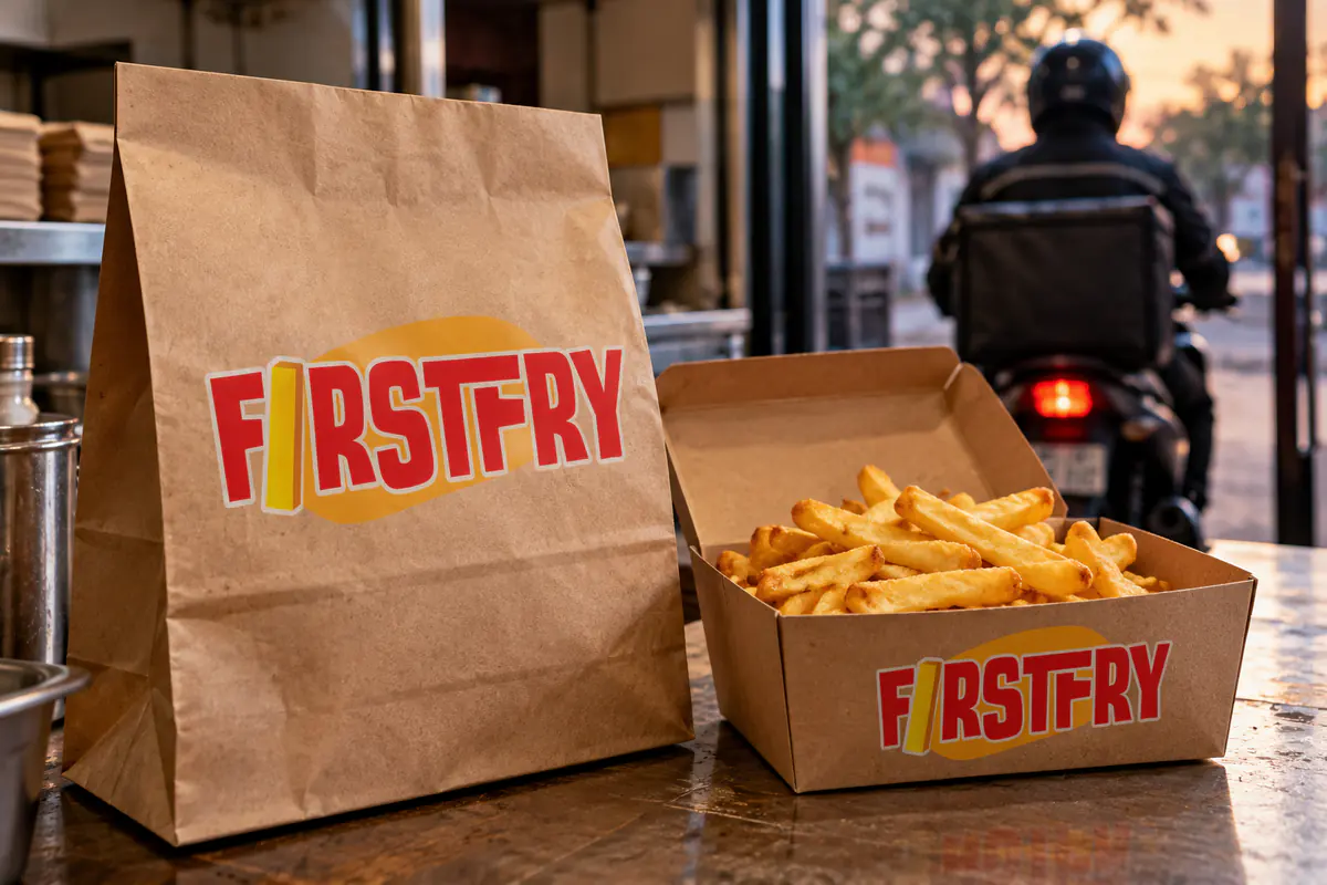 A FirstFry takeaway bag and box of fries on a counter with a delivery rider at the door