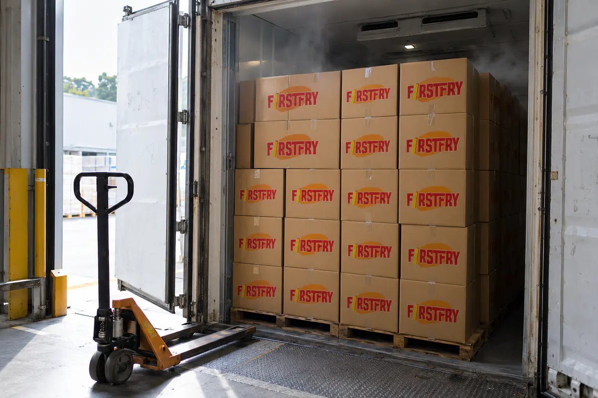 A refrigerated container filled to the doors with FirstFry cartons at a loading dock
