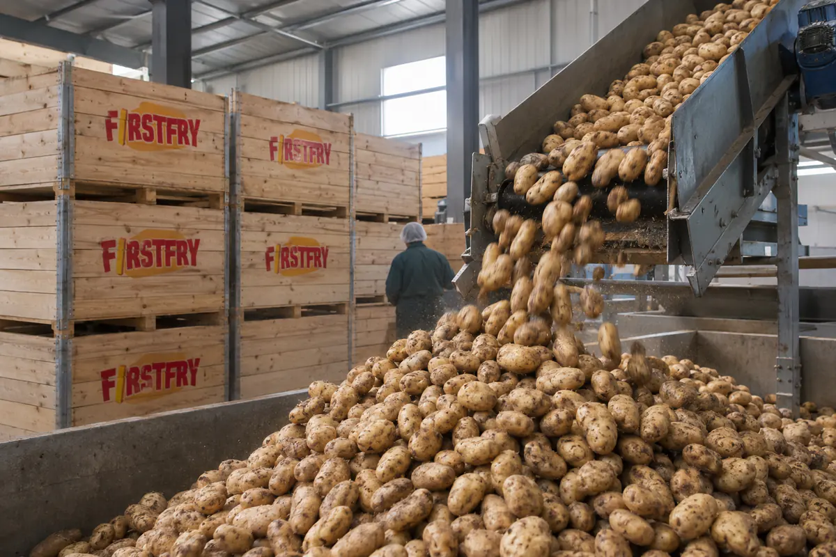 Potatoes pouring onto a heap beside wooden crates stencilled with the FirstFry logo