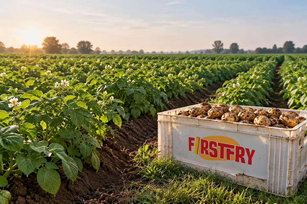 Rows of green potato plants with a FirstFry crate at the end of a row