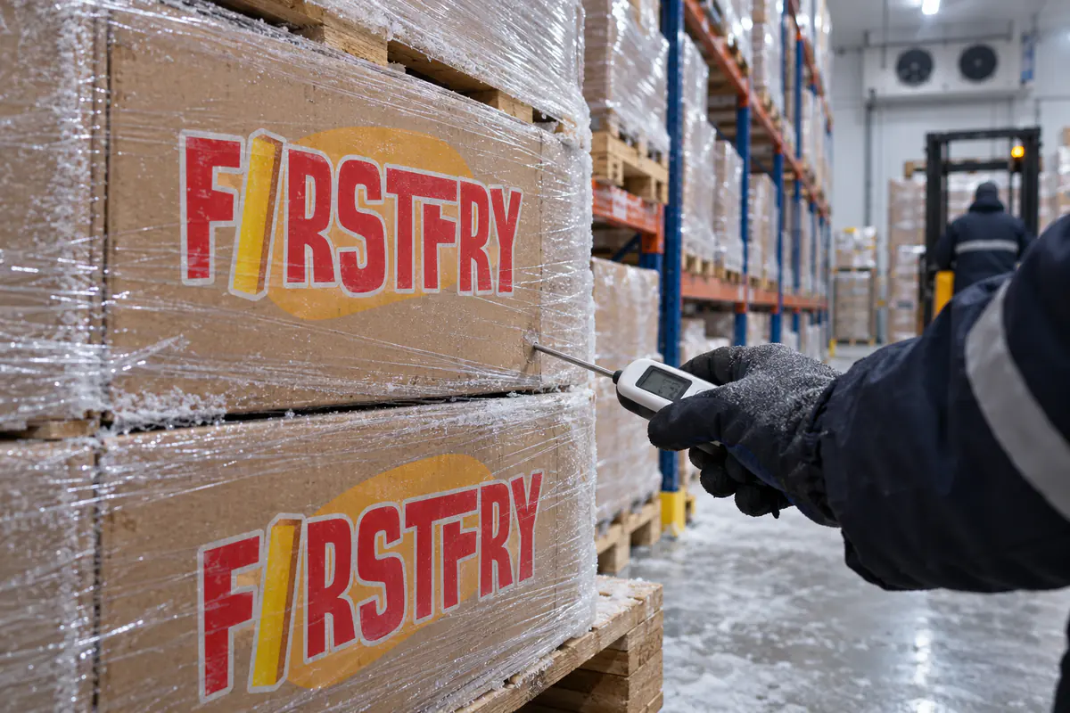 A gloved hand holding a probe thermometer against FirstFry cartons in a cold store
