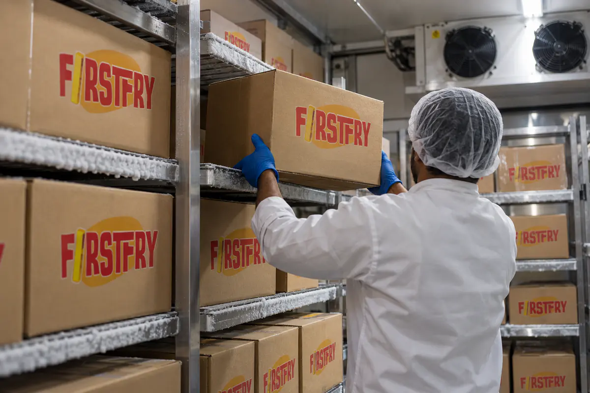 A kitchen worker lifting a FirstFry carton from the shelves of a walk-in freezer