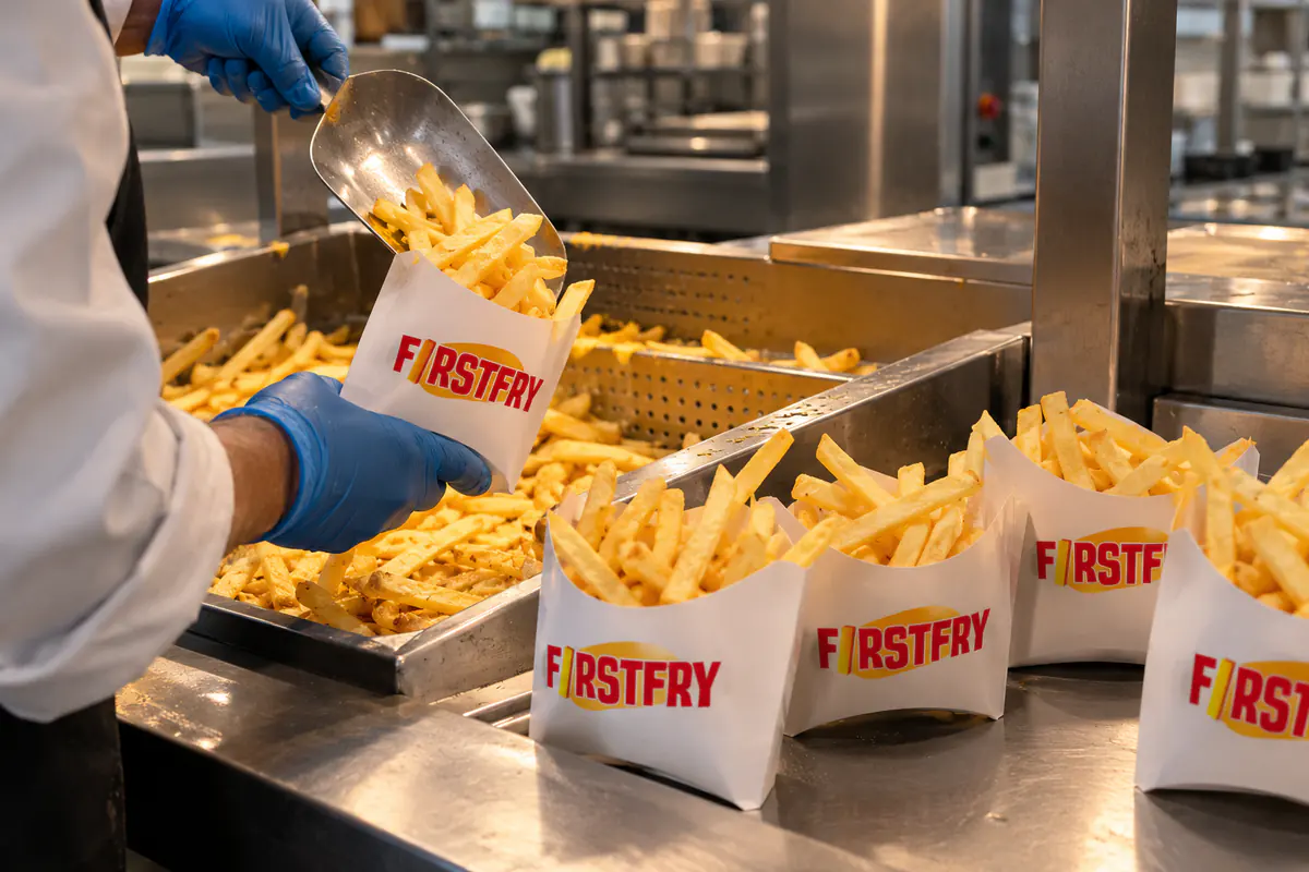 A hand filling a FirstFry paper carton with a fry scoop beside a row of filled portions