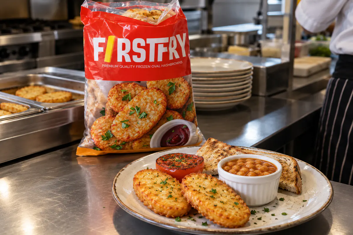 A breakfast plate with hash browns, grilled tomato and beans in front of an open FirstFry pack