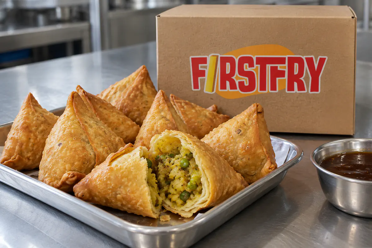 Fried samosas on a steel tray with tamarind chutney in front of a FirstFry carton