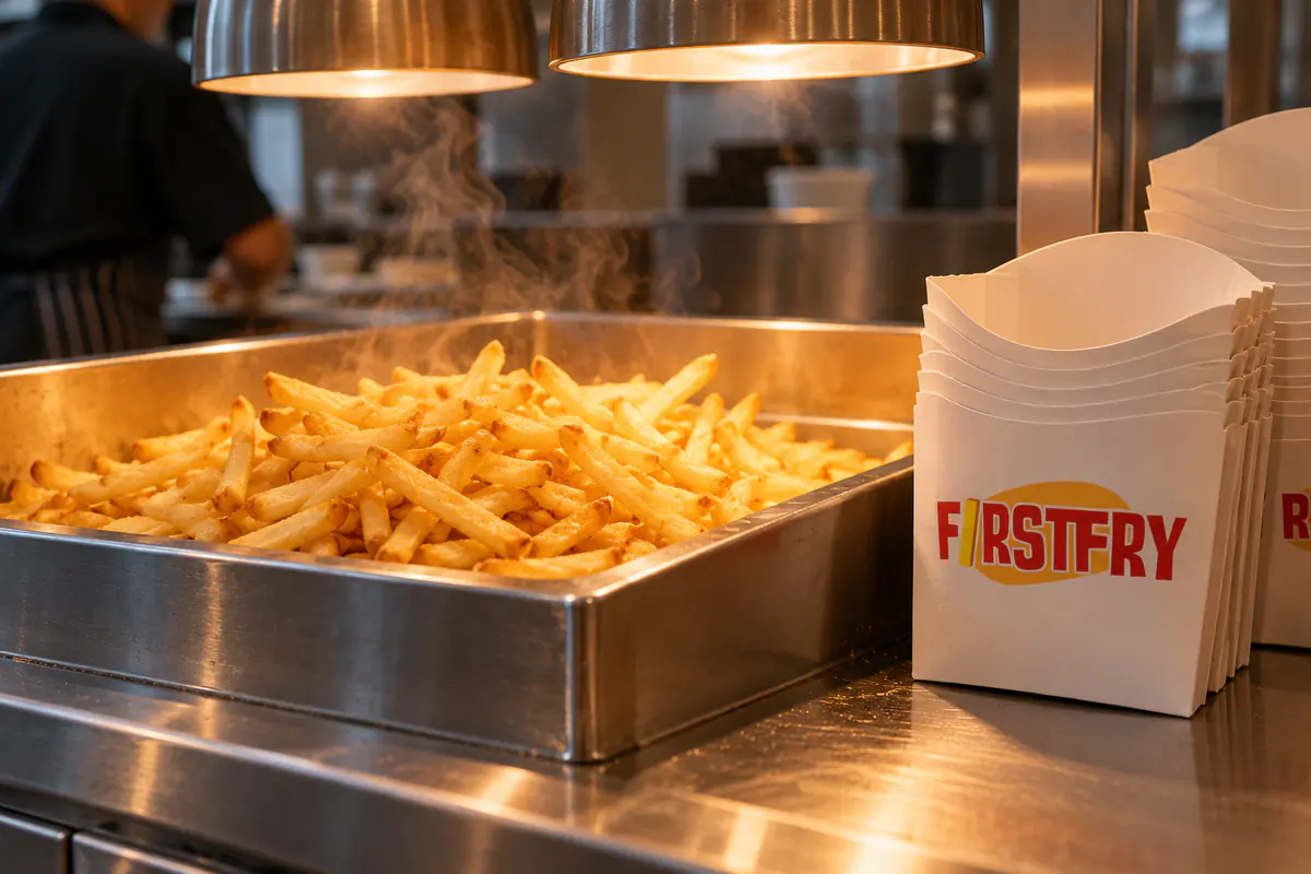 Fries in a holding bin under heat lamps beside a stack of FirstFry paper cartons