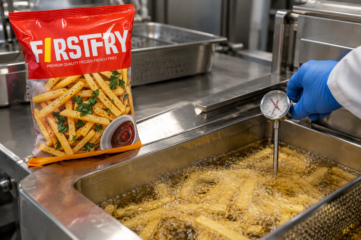 A thermometer probe in clear fryer oil beside a FirstFry pack