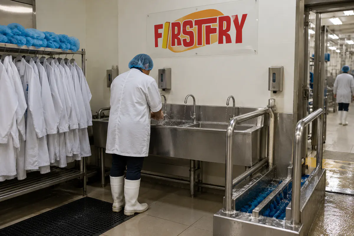 A factory hygiene entrance with hand-wash sinks and a FirstFry sign above them