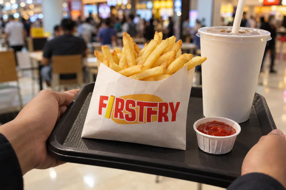 Hands holding a tray with a FirstFry pouch of fries, ketchup and a drink in a food court