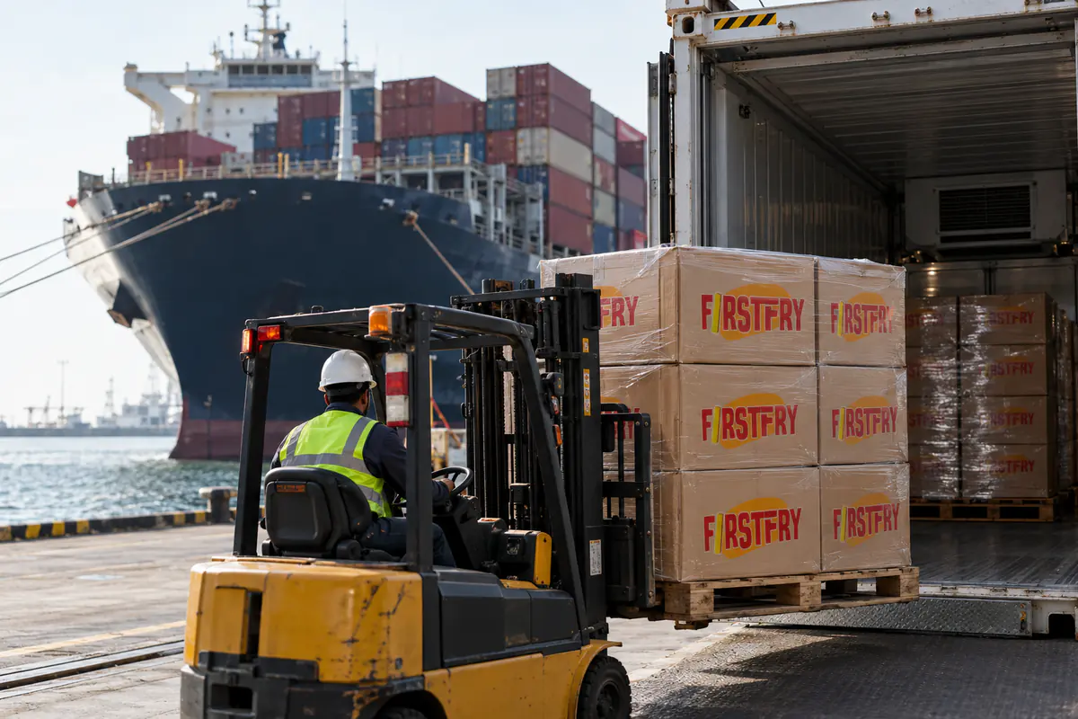 A forklift carrying FirstFry cartons on a quay beside a container ship