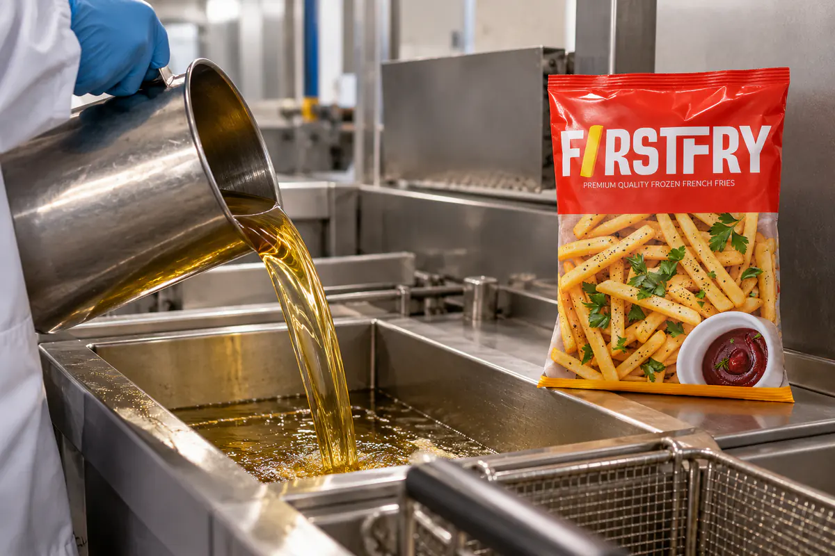 Vegetable oil pouring into a fryer vat beside a FirstFry pack