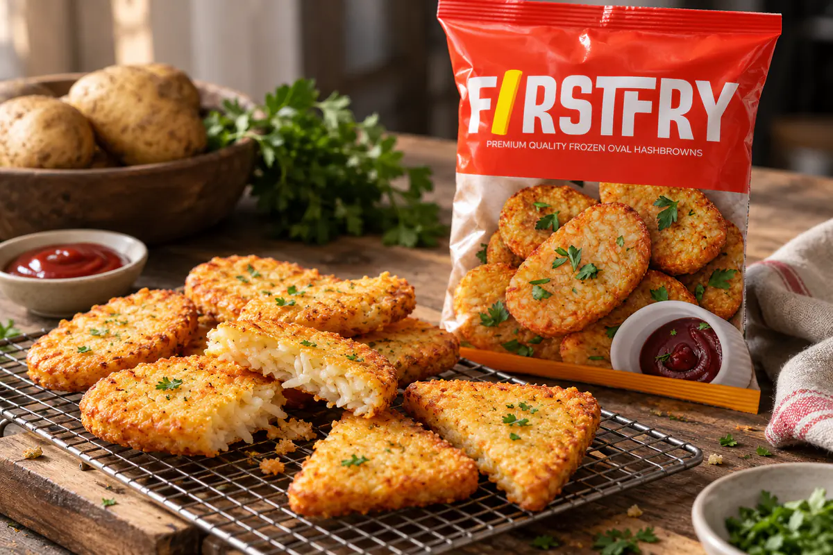 Oval and triangular hash browns on a rack in front of a FirstFry pack