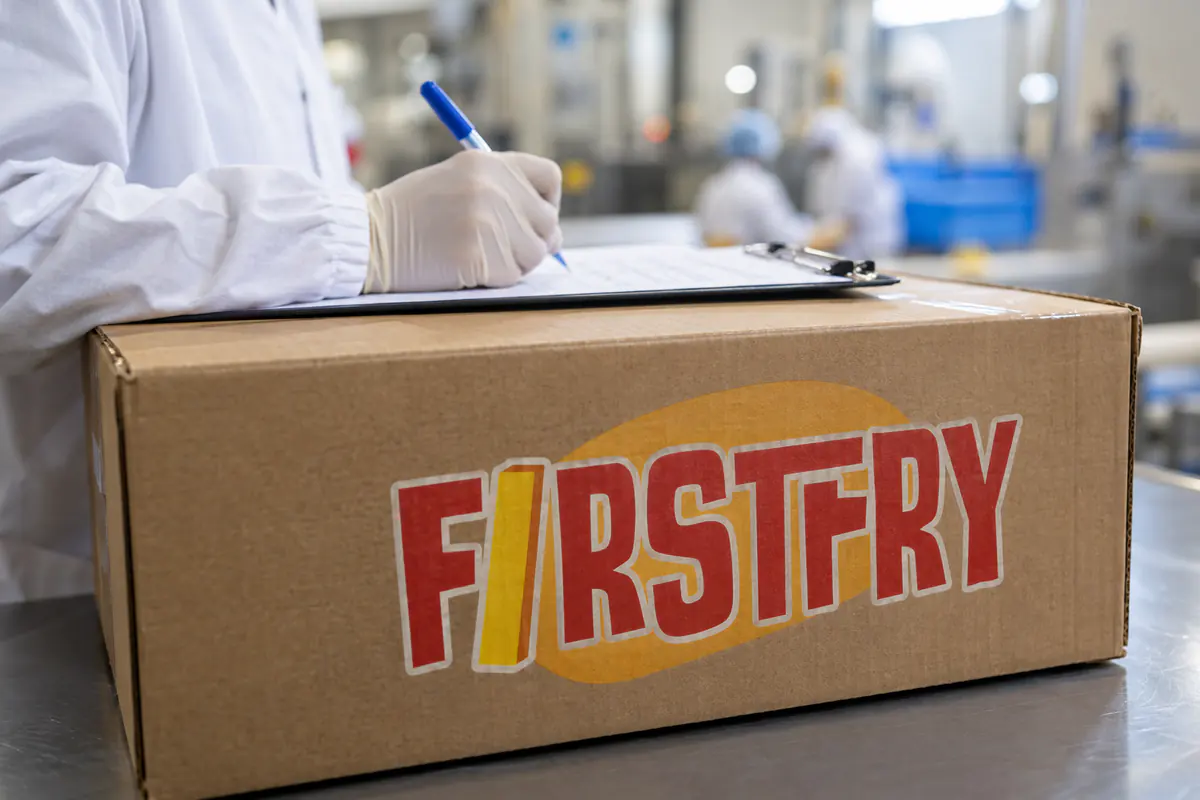 A hand filling in a form on a clipboard resting on a FirstFry carton