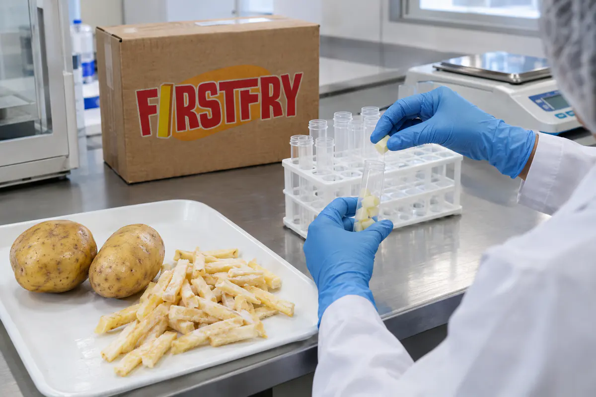 Gloved hands preparing potato samples for residue testing beside a FirstFry carton