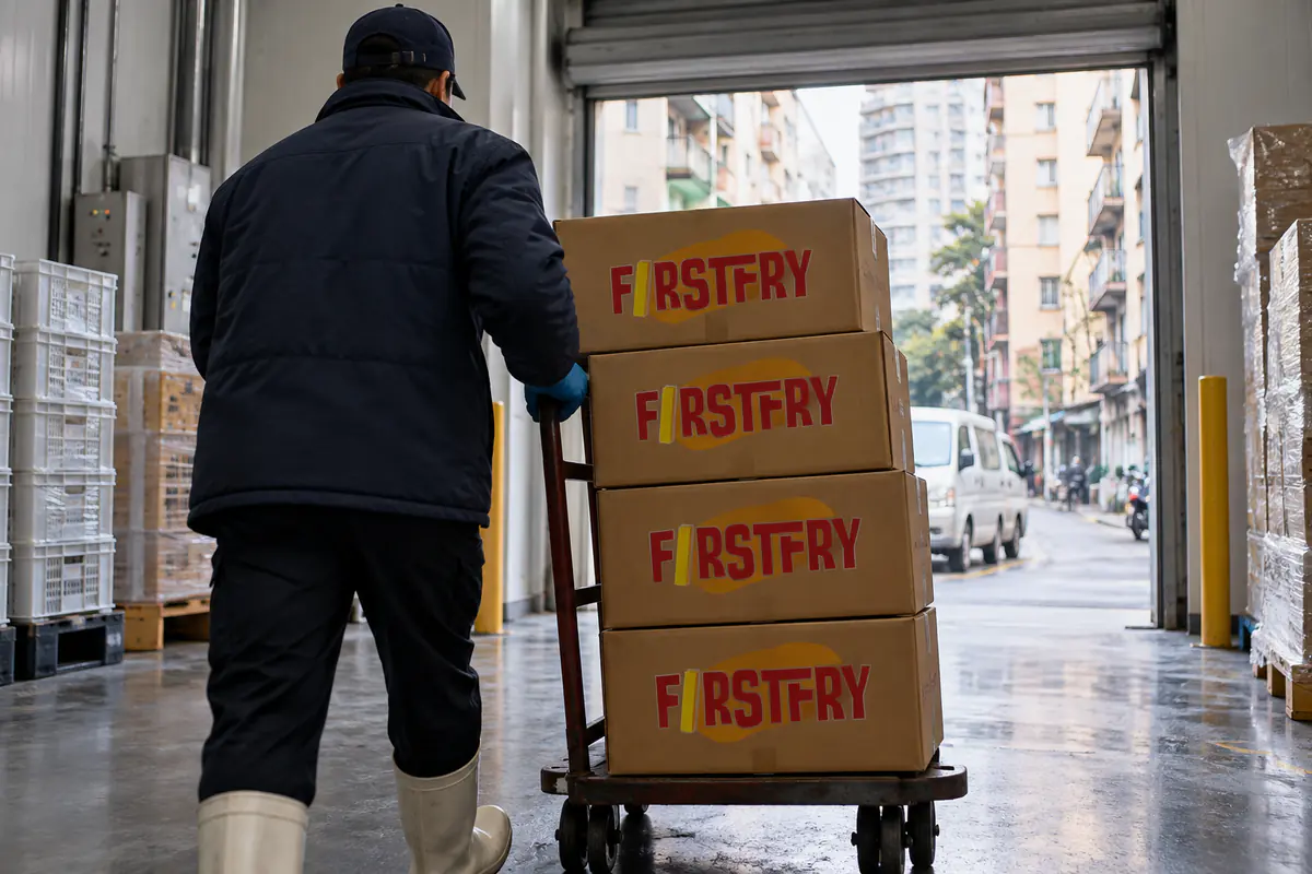 A worker wheeling FirstFry cartons into a city cold store on a hand truck
