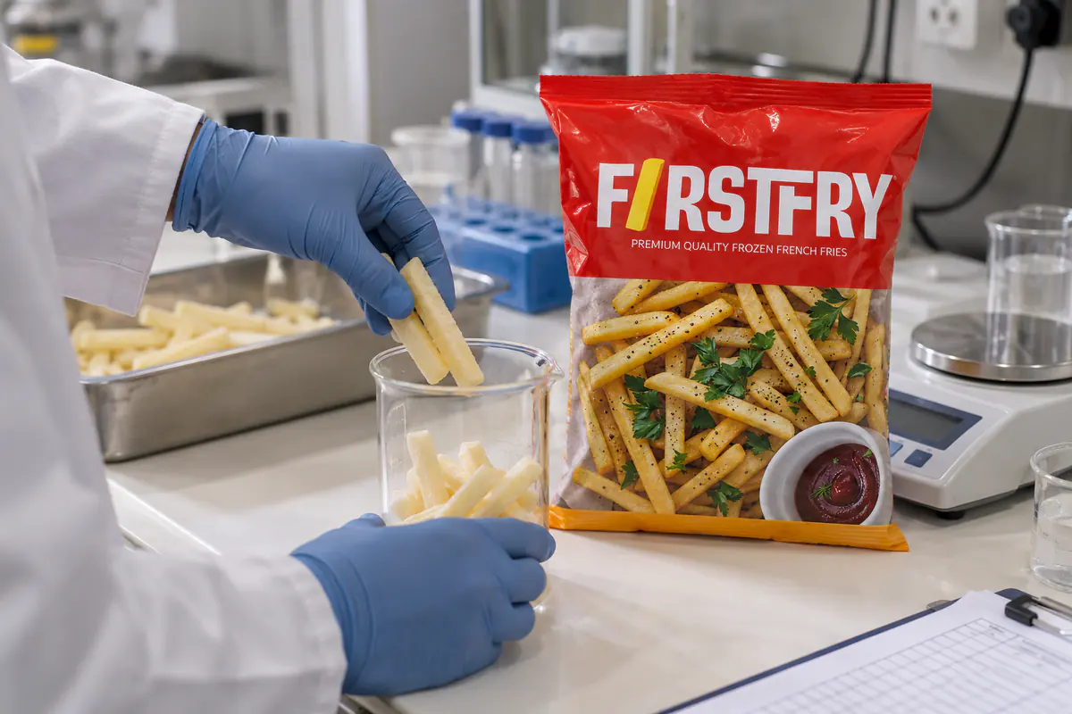 Gloved hands placing frozen fries in a beaker beside a FirstFry pack on a lab bench