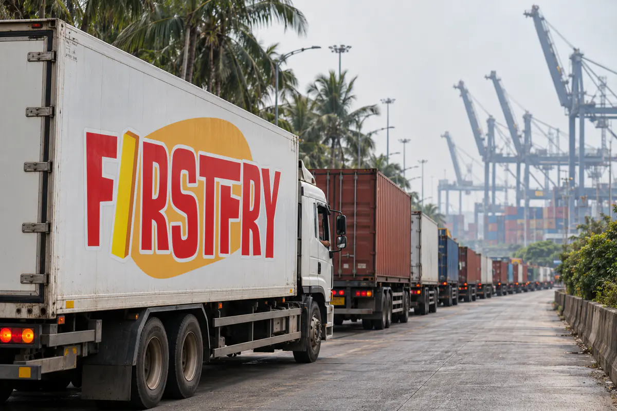 A FirstFry refrigerated truck in a queue on a port access road