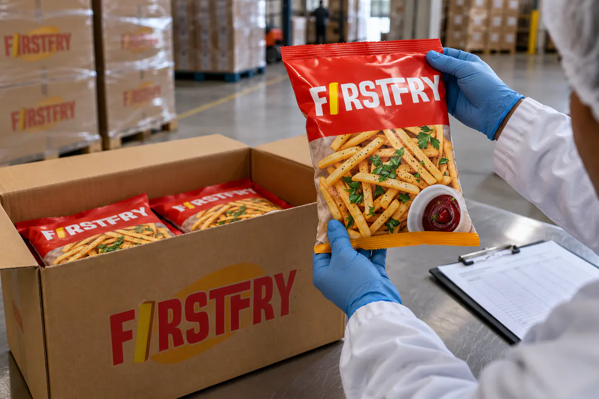 Gloved hands holding a FirstFry pack above an open carton on an inspection table