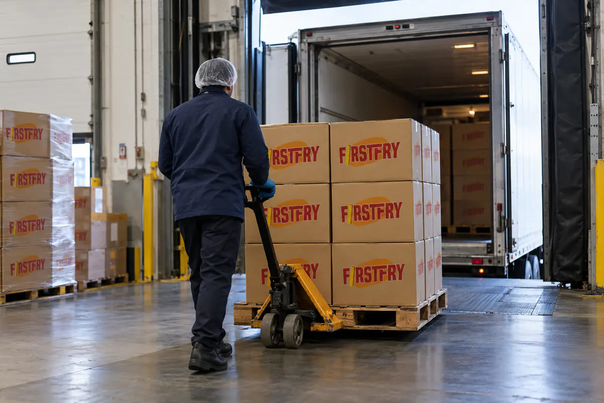 A worker seen from behind moving FirstFry cartons at a warehouse receiving dock