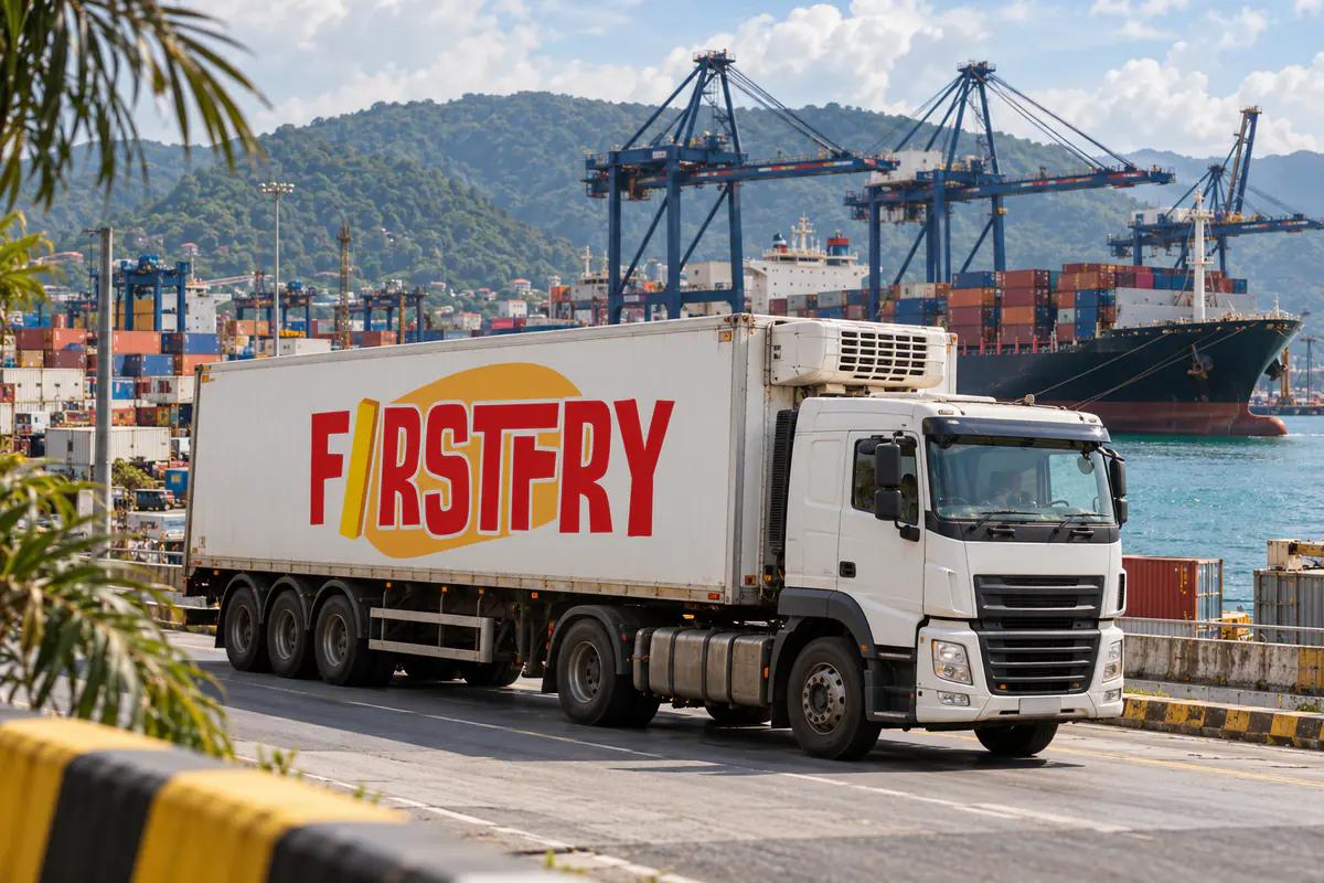 A FirstFry refrigerated truck leaving a container port in a tropical bay