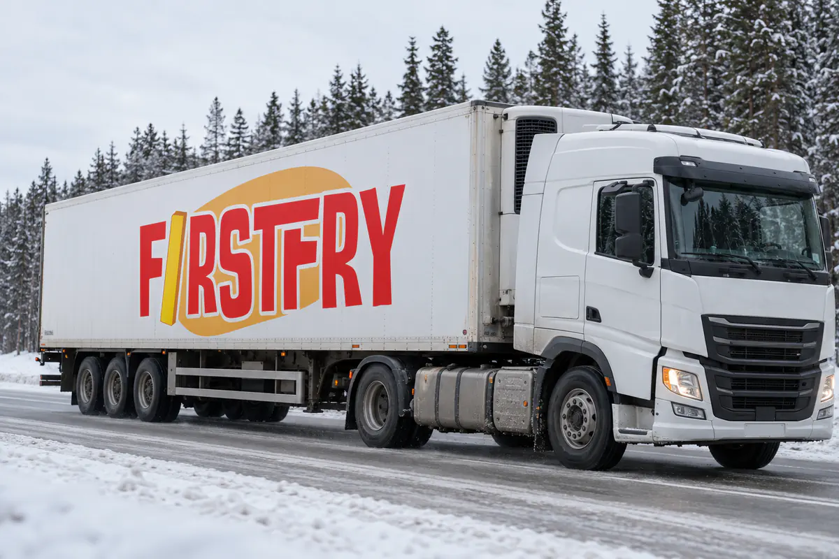A FirstFry refrigerated trailer on a snowy highway through pine forest