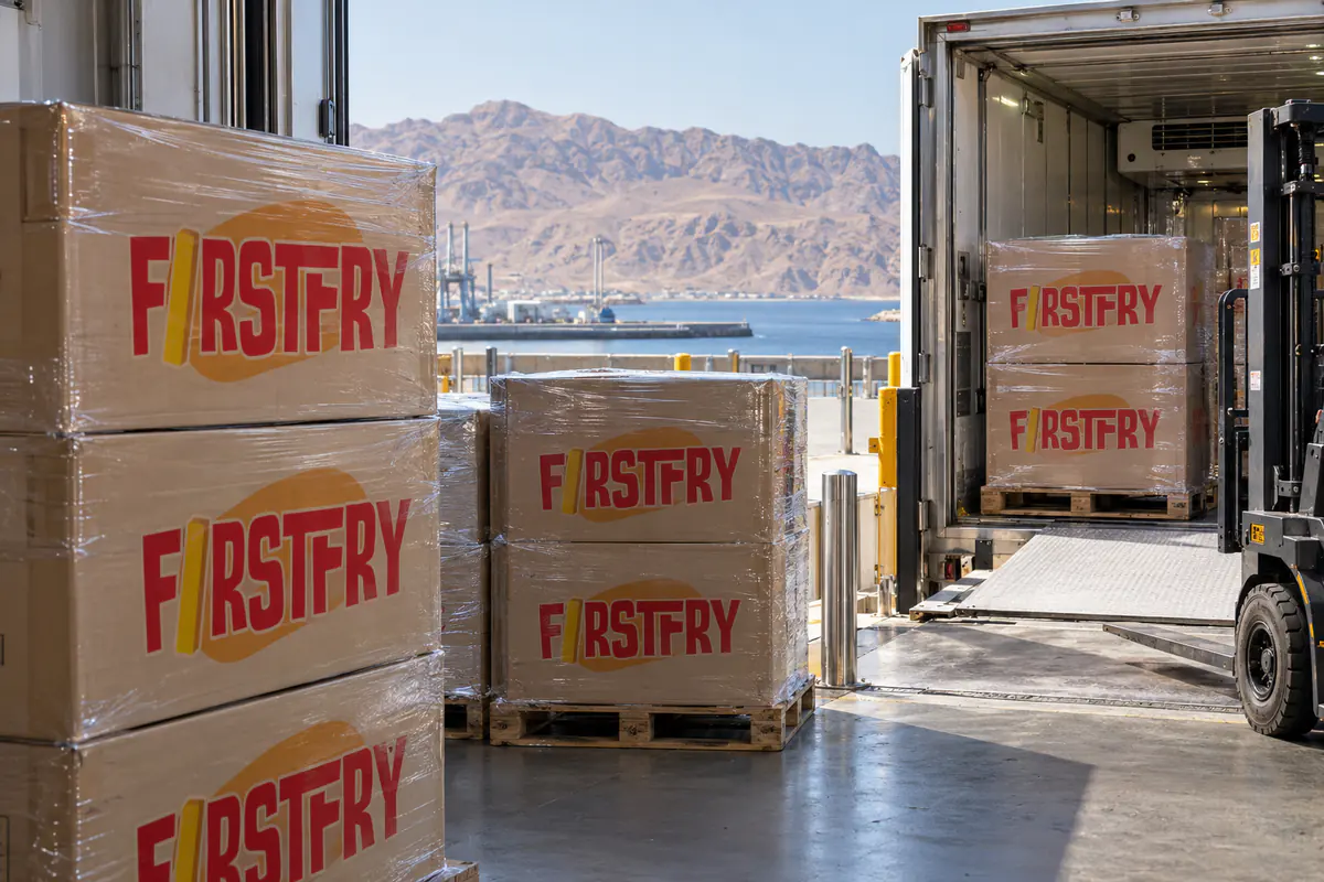 Pallets of FirstFry cartons on a dock below dry brown mountains