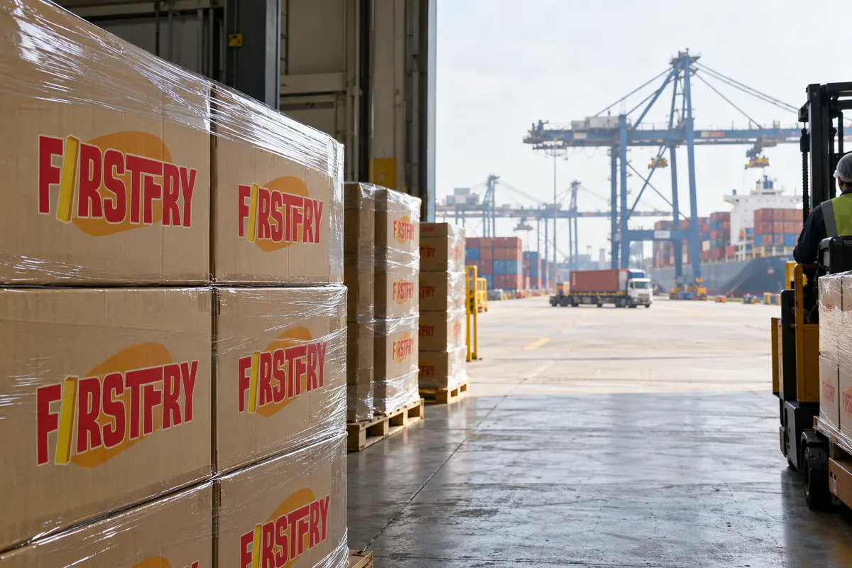 Pallets of FirstFry cartons in a warehouse doorway overlooking a large container terminal