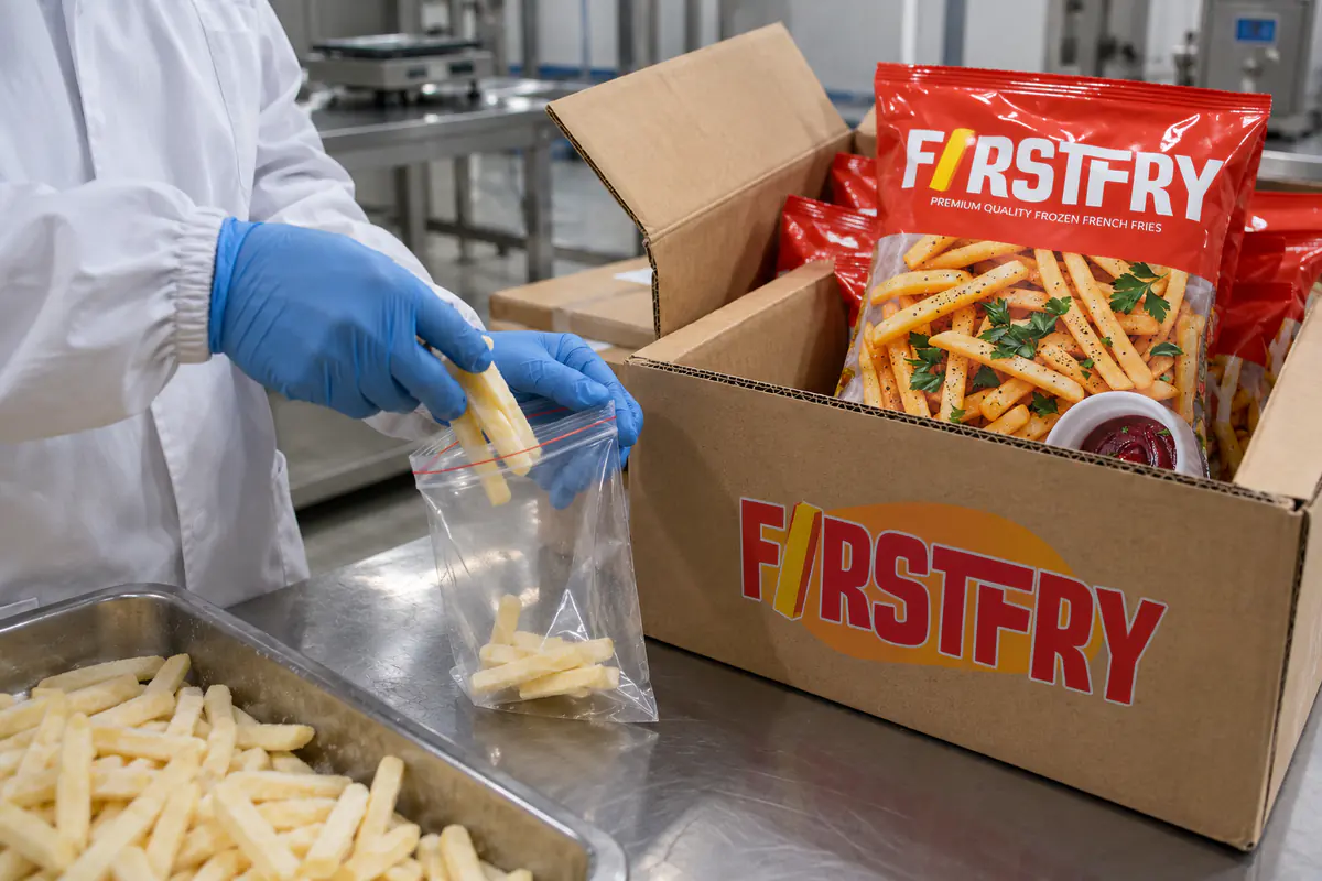 Gloved hands taking a sample of frozen fries beside an open carton of FirstFry packs