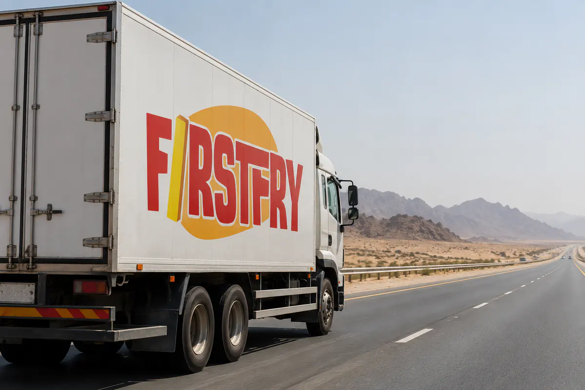 A FirstFry refrigerated truck on a straight desert highway