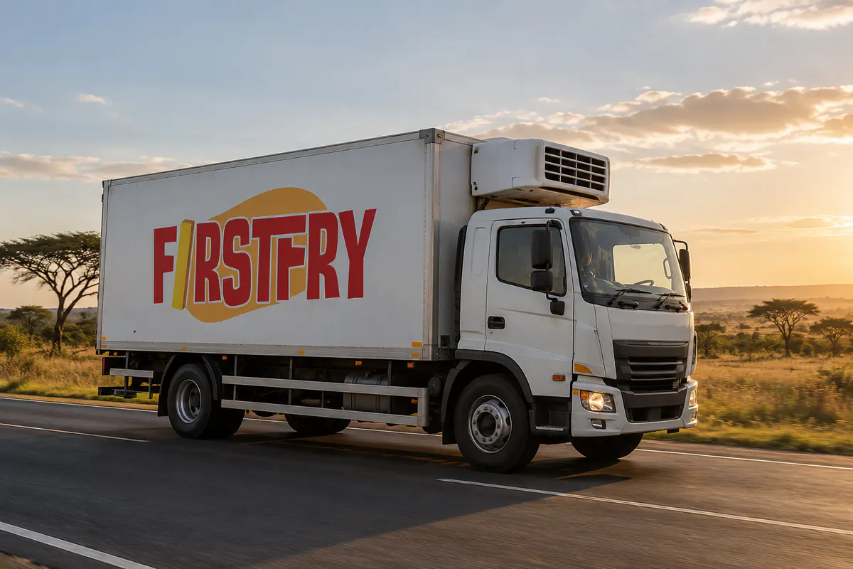 A FirstFry refrigerated truck on a highway through acacia savanna