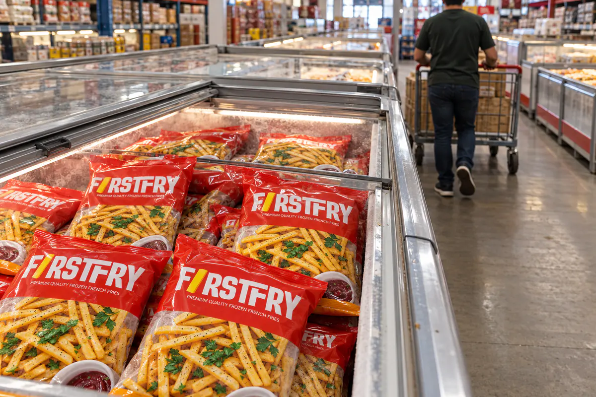 A shopper seen from behind beside chest freezers of FirstFry packs in a wholesale store