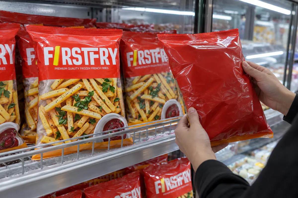 A hand turning over a bag at a supermarket freezer shelf of FirstFry fries