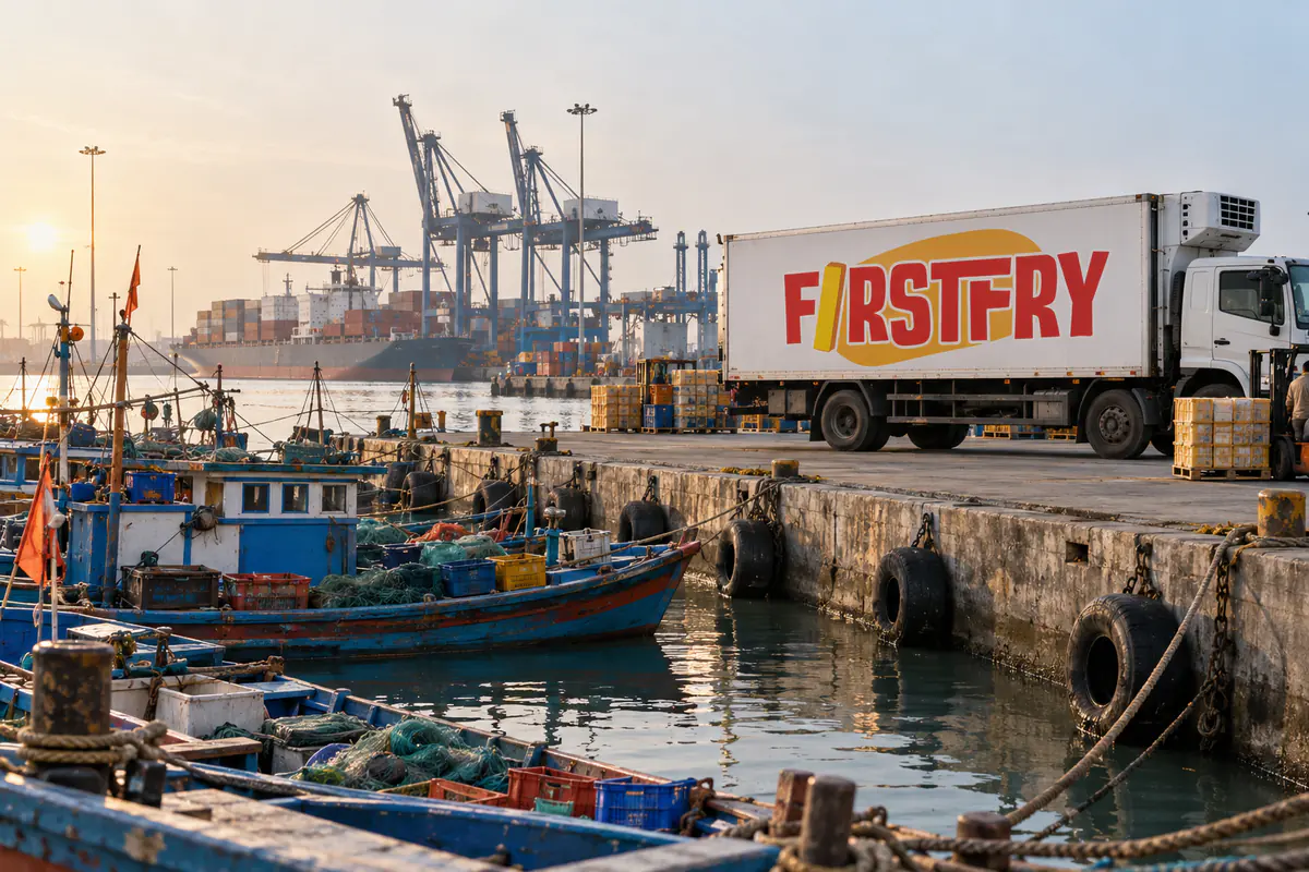 A FirstFry refrigerated truck on a quay above a harbour of wooden boats