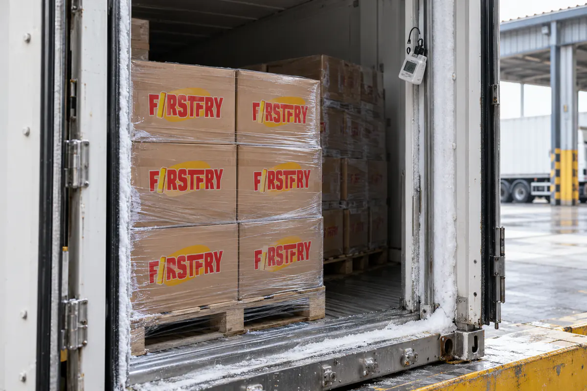 A temperature logger inside the doors of a container of FirstFry cartons